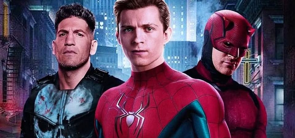Spider-Man flanked by the Punisher and Daredevil on a New York street at night