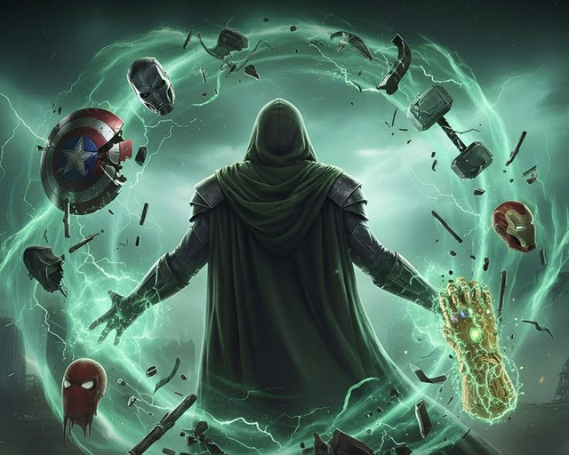 Doctor Doom wearing the Infinity Gauntlet, surrounded by floating hero relics and masks