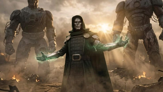 Doctor Doom flanked by two towering Sentinel robots against a burning skyline