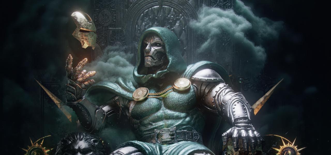 Doctor Doom seated on a wide stone throne with green energy glyphs glowing across the floor