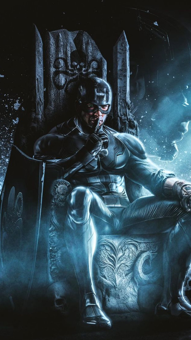 A Hydra-armoured Captain America seated on a stone throne, gesturing for silence