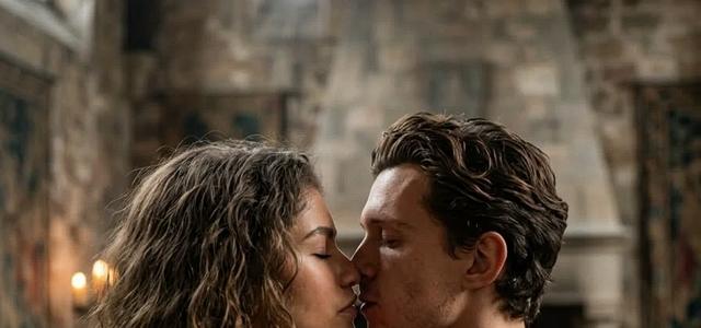 Peter Parker and MJ kissing closely at night on a rain-lit New York City street