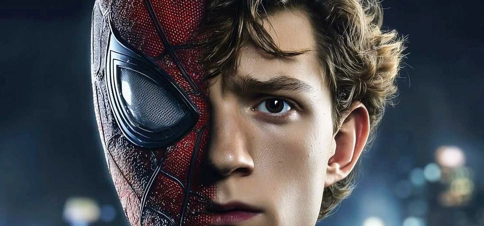 Peter Parker's face half in shadow, half lit, split between his mask and his own identity