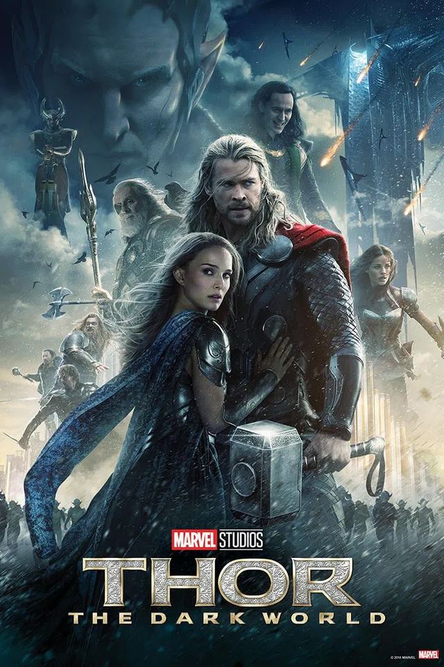 Theatrical poster for Thor: The Dark World, Thor gripping Mjolnir under a red Aether-streaked sky