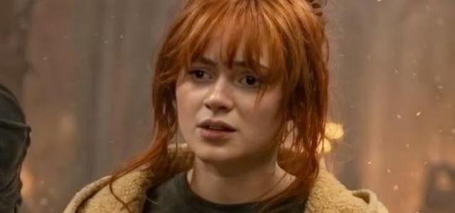 Sadie Sink in character on the Spider-Man: Brand New Day set, expression tense against a hazy backdrop