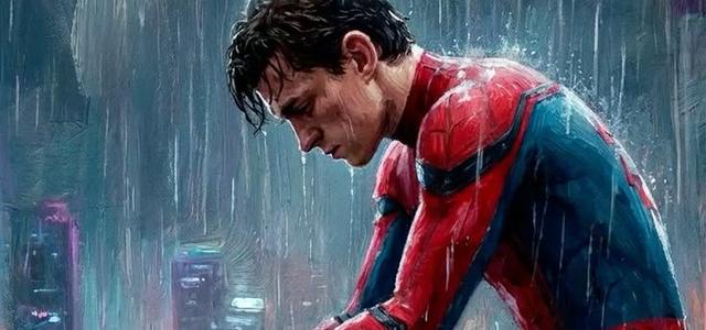 Spider-Man crouched alone on a wet rooftop ledge at night as rain falls over the city