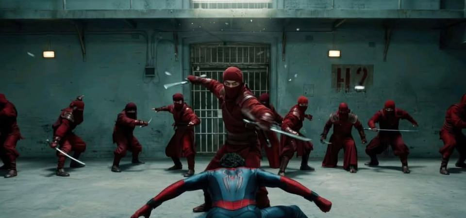 Spider-Man surrounded by a ring of former Hand ninjas in a tense standoff, still from Brand New Day
