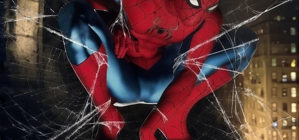 Spider-Man alone under a stone archway, web strands catching the light, no one else in frame