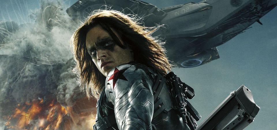 Bucky Barnes as the Winter Soldier, full body, gripping a sniper rifle amid smoke and wreckage